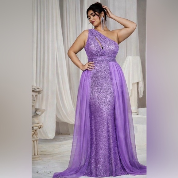 faeriesty Dresses & Skirts - Faeriesty Elegant Purple One-Shoulder Evening Gown with Mesh Overlay. Size 3X